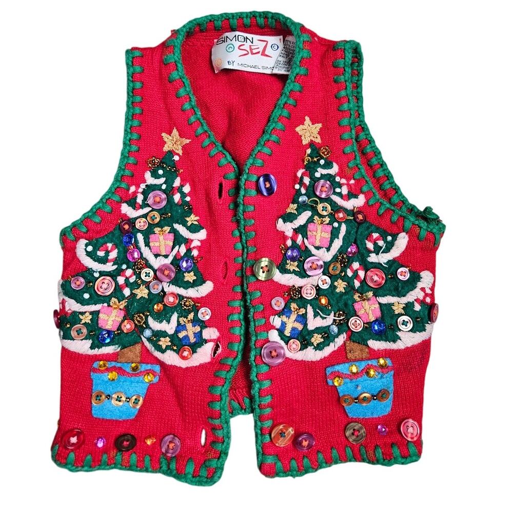 Vintage 1992 90s Michael Simon Sez Toddler 2T Christmas Vest Sweater Beaded